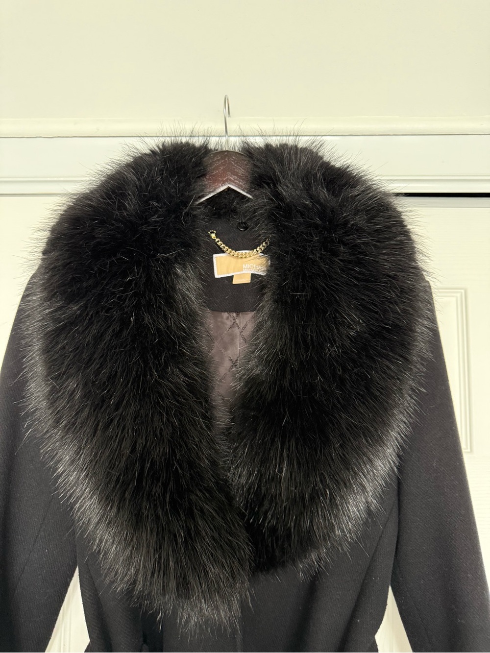 MICHAEL Michael Kors Black Coat with Faux Fur Trim Wool Blend Coat - Picture 9 of 12